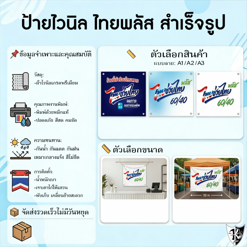 ป้ายไวนิล ป้ายไทยพลัส ป้ายโฆษณาหน้าร้าน สำเร็จรูป ทนแดด ทนฝน สีสด พิมพ์ไวนิลคุณภาพสูง มี 3 ลาย ไซส์
