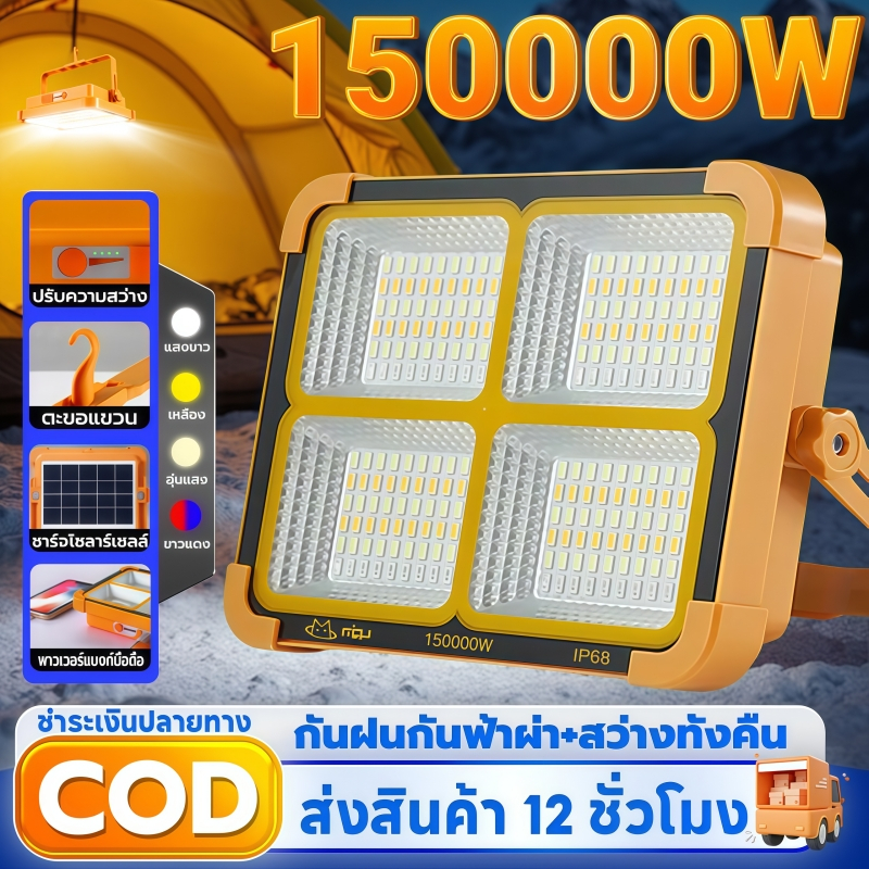 ONECUTE【ซื้อ1แถม1】ไฟโซล่าเซลล์ 150000W โซล่าเซลล์ สปอตไลท์พกพา โซล่าเซลล์ ไฟพกพาอเนกประสง Solar light ไฟฉุกเฉินในบ้าน