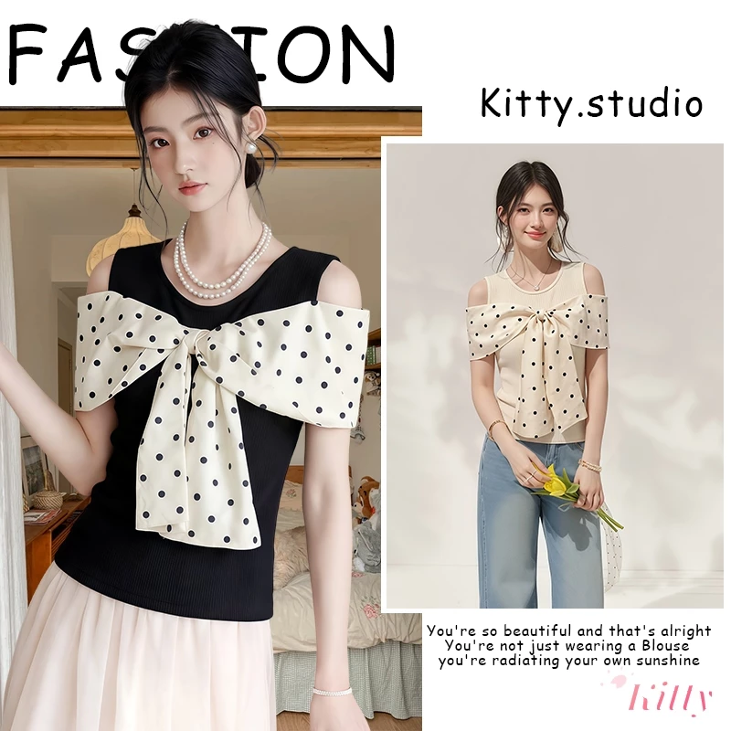 Kitty พร้อมส่ง🍒 เสื้อกล้ามลายจุดโบว์ใหญ่ เปิดไหล่ สไตล์เกาหลี ผ้ายืดใส่สบาย เเต่งเข็มขัดใหญ่อก ทั้งชุด2ชิ้น Y2K