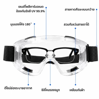 แว่นตานิรภัย แว่นเซฟตี้ แว่นกันลม กันสารเคมี กันฝุ่น กันละออง เลนส์ใส สวมทับแว่นสายตาได้ สายรัดปรับได้ งานช่าง กันสะเก็ด