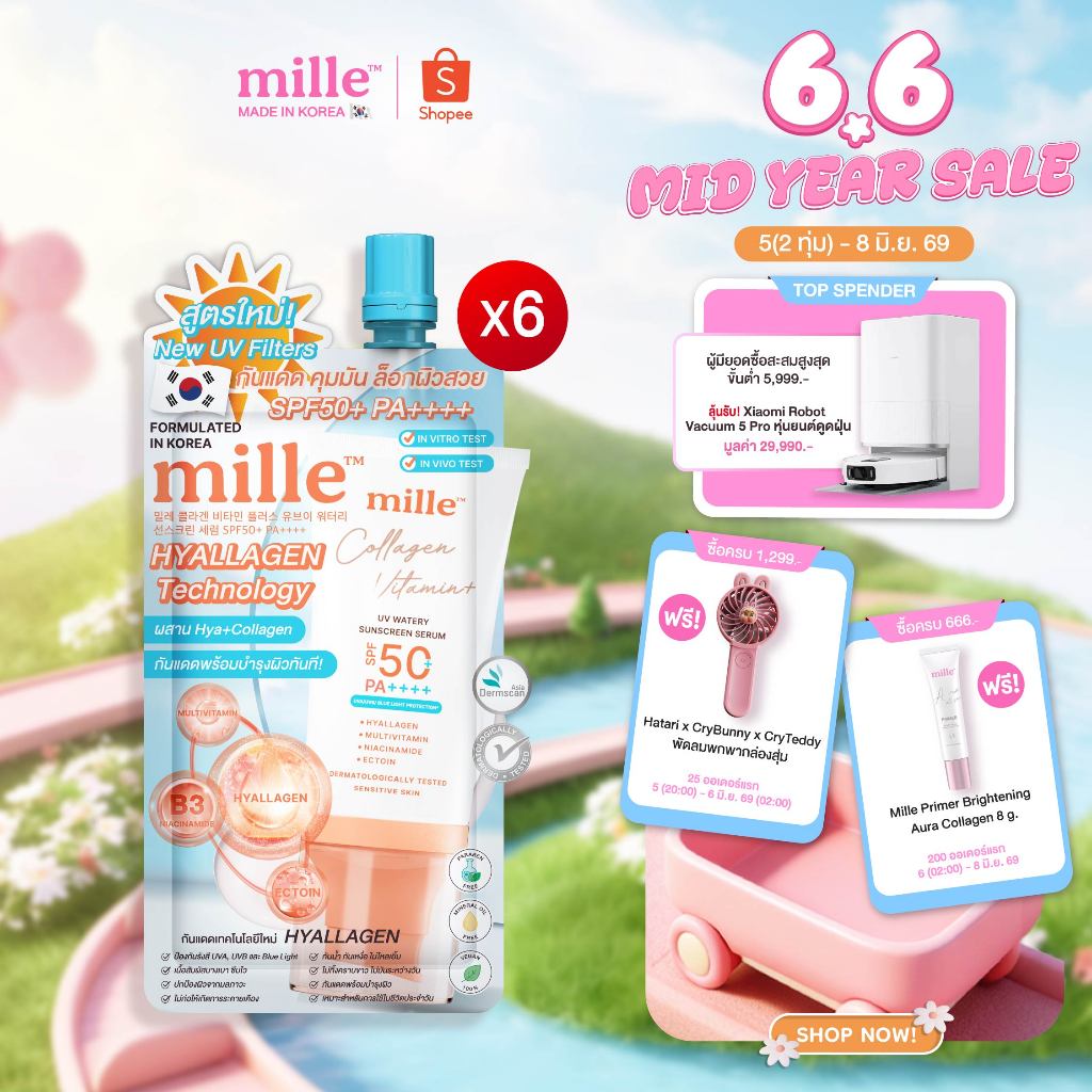 [6 ซอง] MILLE COLLAGEN VITAMIN+ UV WATERY SUNSCREEN SERUM SPF50+ PA++++ มิลเล่ กันแดดสูตรน้ำผสมคอลลาเจน 6ml.