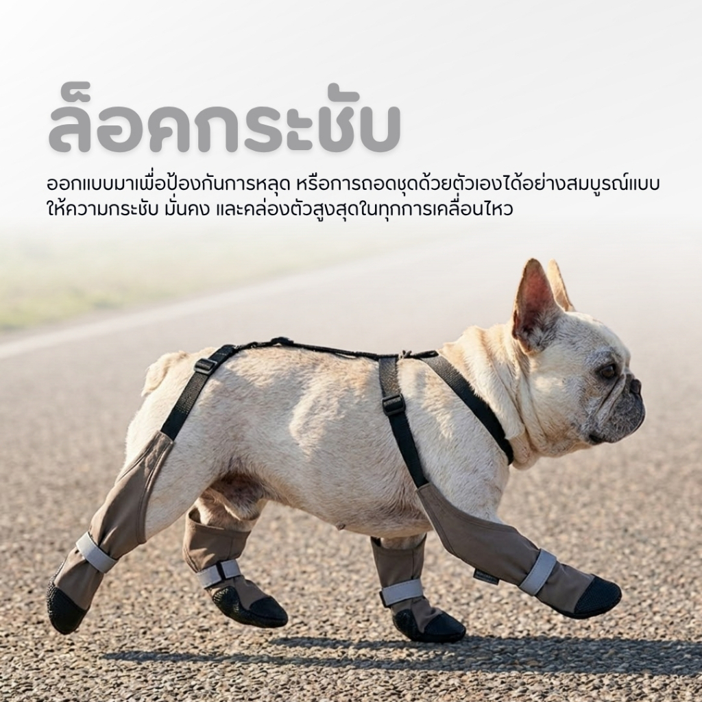 Doglemi ชุดรองเท้าบูทสุนัข สายรัดโอบลำตัวกันหลุด รองเท้าหมาพื้นยางกันลื่น สะท้อนแสงปลอดภัย