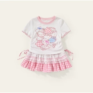 BB320 ชุดเด็กผู้หญิง 2 ชิ้น เสื้อยืดลายแมวน่ารัก + กระโปรงสก็อตชมพูแต่งลูกไม้