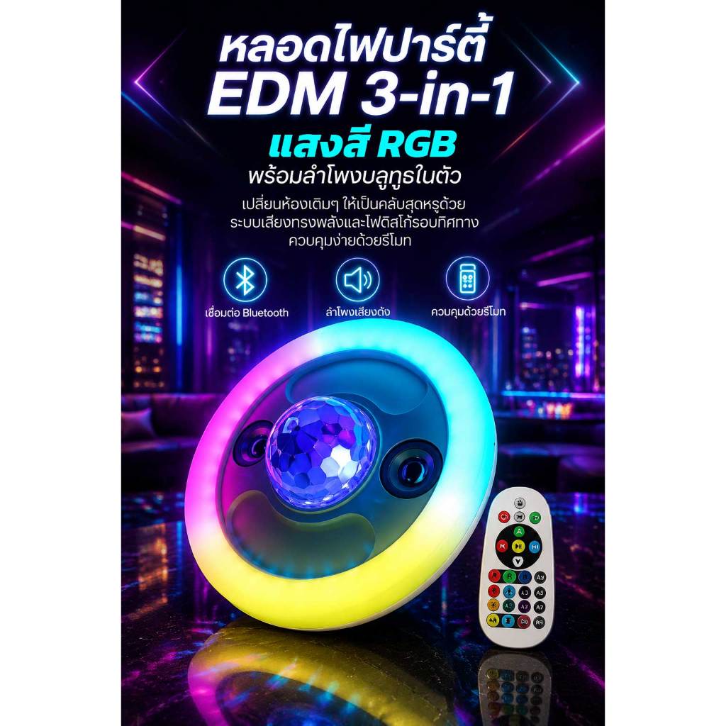 โคมไฟ V FIVE LIGHT ไฟปาร์ตี้แอลอีดี รุ่น EDM ขั้ว E27 เปิดเพลงบลูทูธ เสียงดัง โคมไฟให้แสงสว่าง