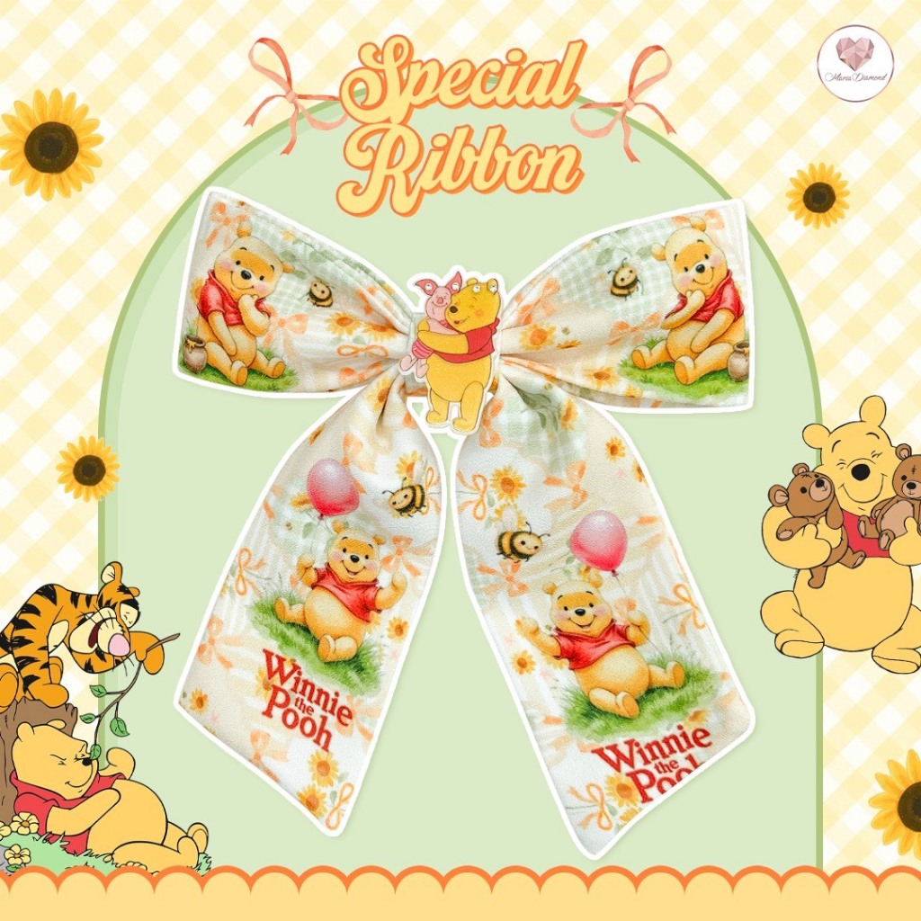 โบว์ลายน้องหมีพูสีเหลืองอ่อน แต่งอะไหล่หมีพู Special Ribbon กิ๊บสปริงสีทอง ขนาดใส่ง่าย