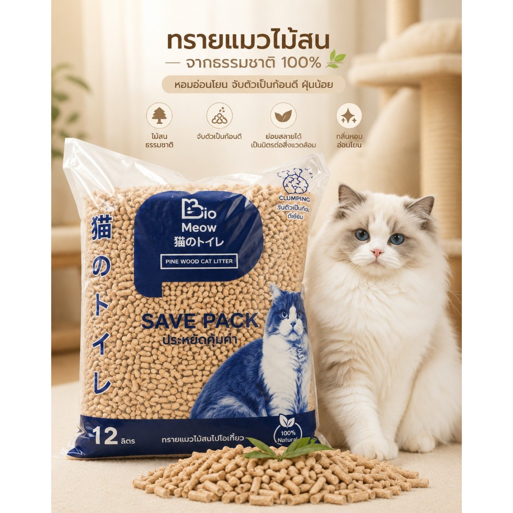 [คุ้มเยอะ]ทรายแมวไม้สนประหยัดใช้ดับกลิ่นดีเยี่ยมBiomeowPINEWOOD12ลิตรขายดี