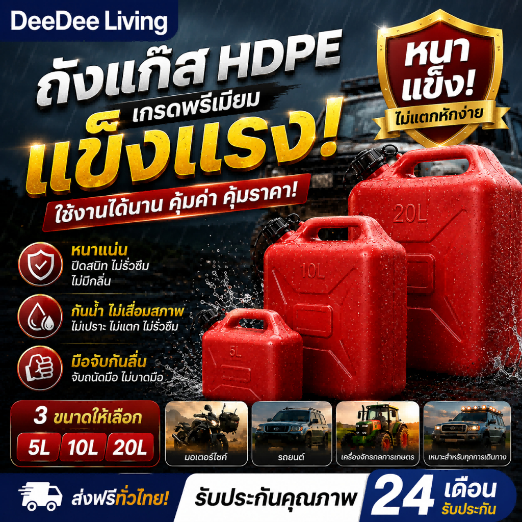 DeeDee แกลลอนน้ำมัน ถังน้ำมันสำรอง 5 10 20 ลิตร แกลลอนน้ำมัน ซีลแน่น เติมเบนซิน/ดีเซล แกลลอนเชื้อเพลิงสำรอง วัสดุหนา
