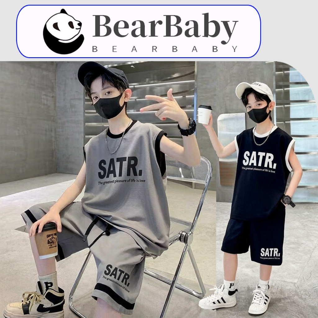 BEAR BABY ชุดกีฬาลำลองเด็กชาย ชุดเสื้อแขนกุดเด็ก ระบายอากาศดี พิมพ์ลายอักษร สไตล์เรียบง่าย ไซส์90-170