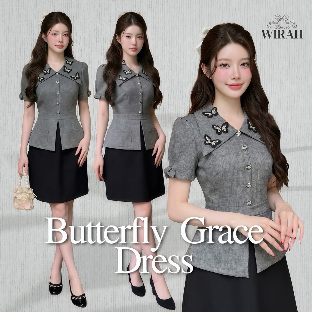 FW179 Butterfly Grace Dress  ชุดนี้เป็นเดรสทูโทน (Two-Tone Dress) ช่วงบน ทำจากผ้าทวีต (Tweed-style fabric) สีเทาลายขัดสล