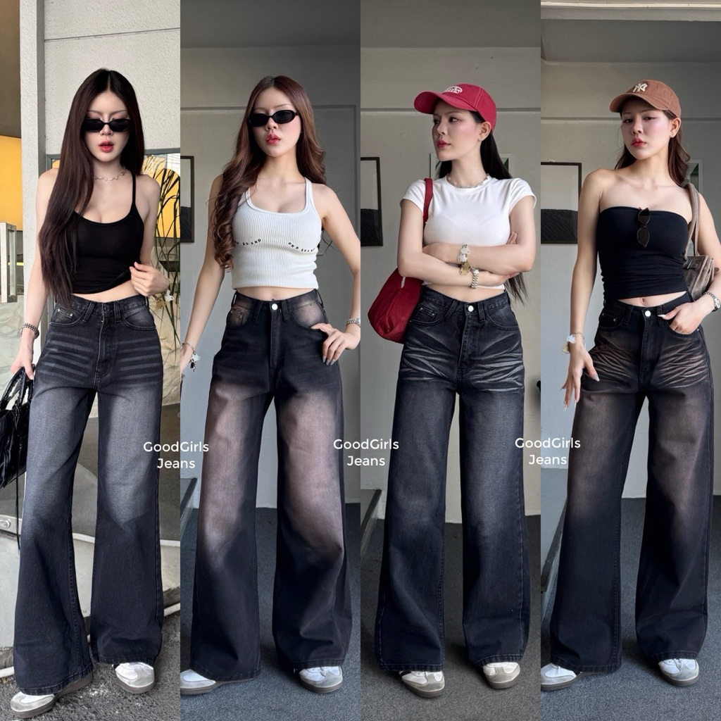 Double - DBGL02 Black Baggy Jeans กางเกงยีนส์ขากระบอกใหญ่ แต่งเฟดสีดำ