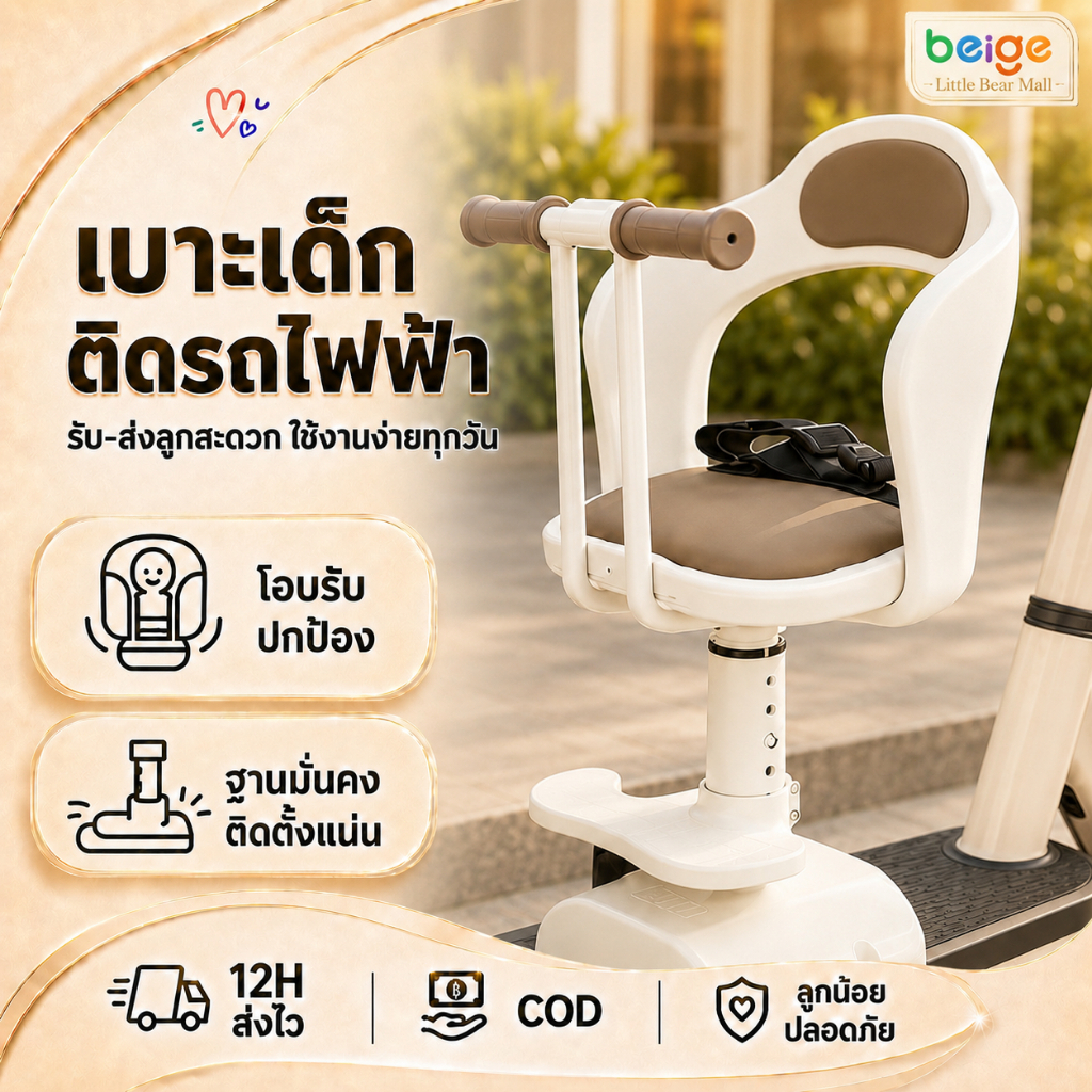Beige เบาะเสริมเด็กนั่ง สำหรับ มอเตอร์ ไซด์ HONDA WAVE มอเตอร์ไซค์ ปรับความสูงได้ แถมเข็มขัดรัดฟรี