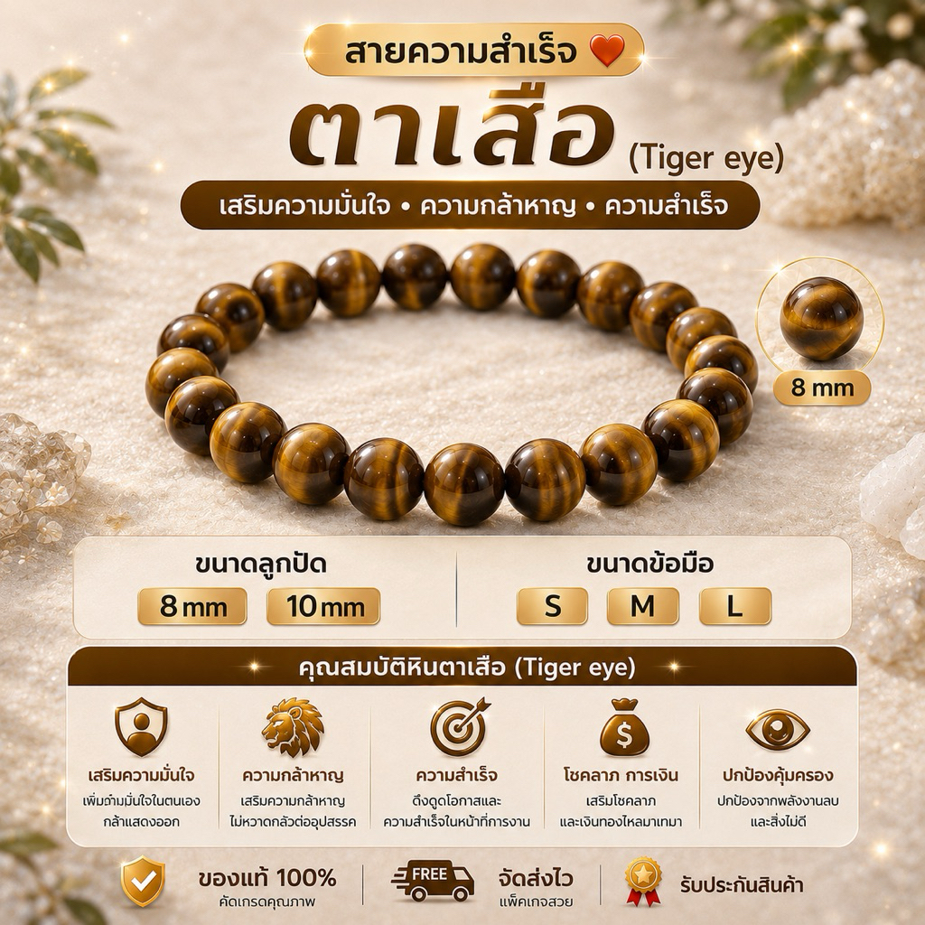 💛 ไทเกอร์อาย เสริมอำนาจ โชคลาภ การเงิน ✨ หินมงคล หินนำโชค 8 mm 10 mm S M L พร้อมส่ง