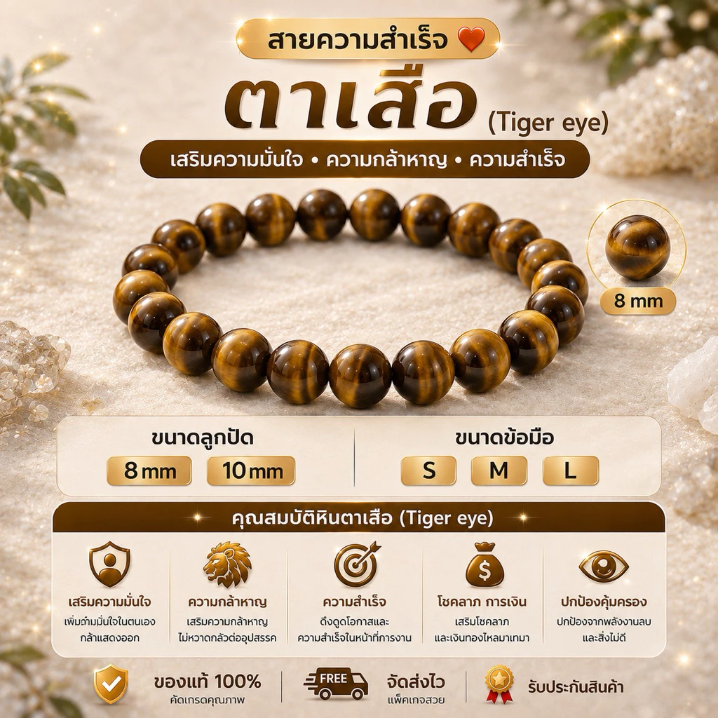 💛 ไทเกอร์อาย เสริมอำนาจ โชคลาภ การเงิน ✨ หินมงคล หินนำโชค 8 mm 10 mm S M L พร้อมส่ง