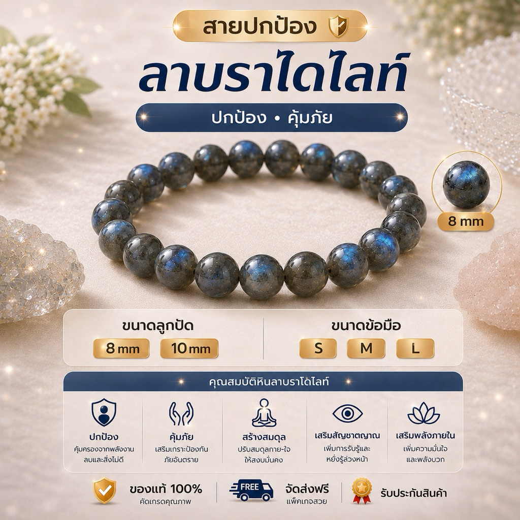 🖤 ลาบราโดไรต์ ปกป้องพลังลบ เสริมพลังภายใน ✨ หินมงคล หินนำโชค 8 mm 10 mm S M L พร้อมส่ง