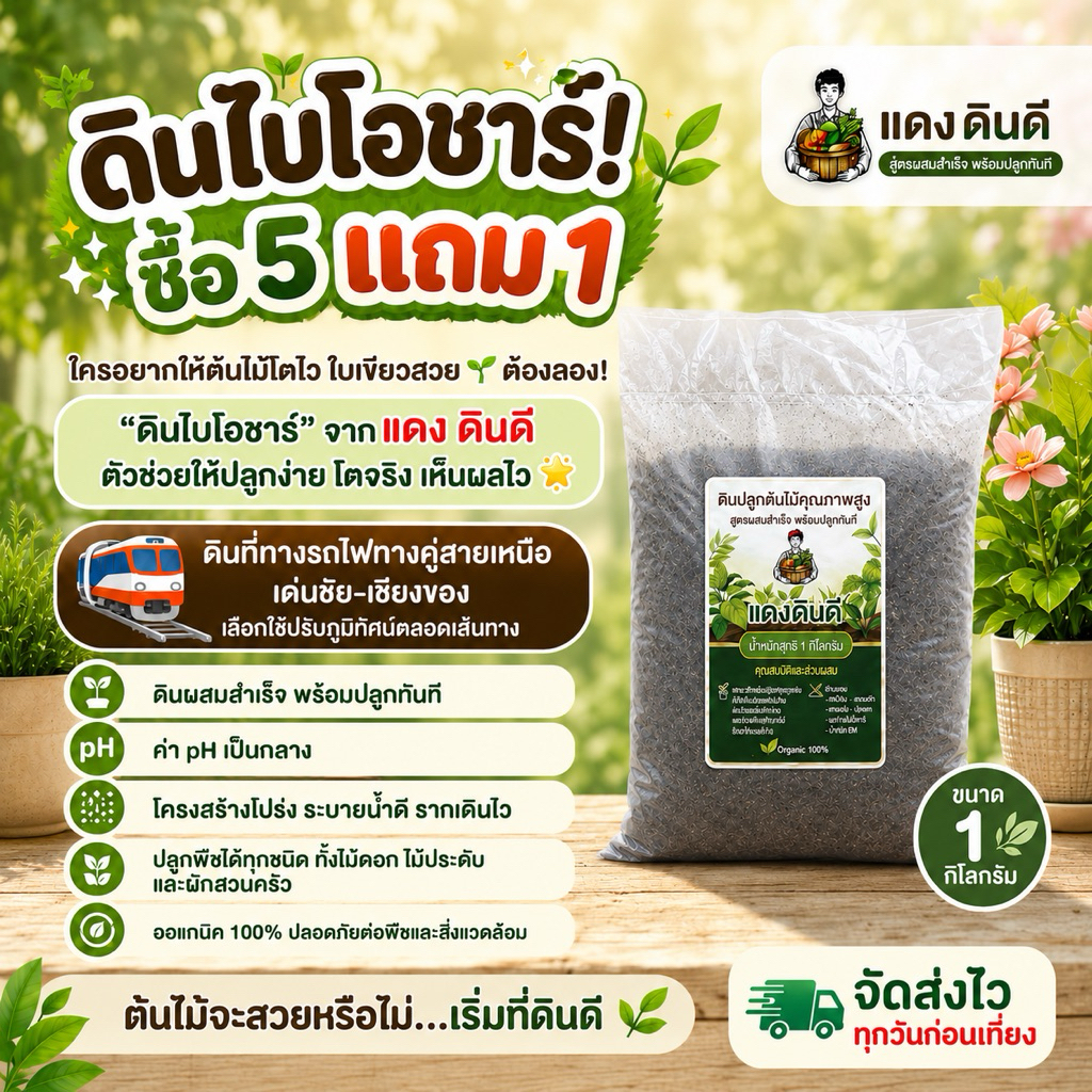 (5แถม1) ดินปลูกต้นไม้ไบโอชาร์ รากเดินไว ปลูกพืชได้ทุกชนิด ออแกนิค100% ค่า pH เป็นกลาง แดงดินดี 1 กก.