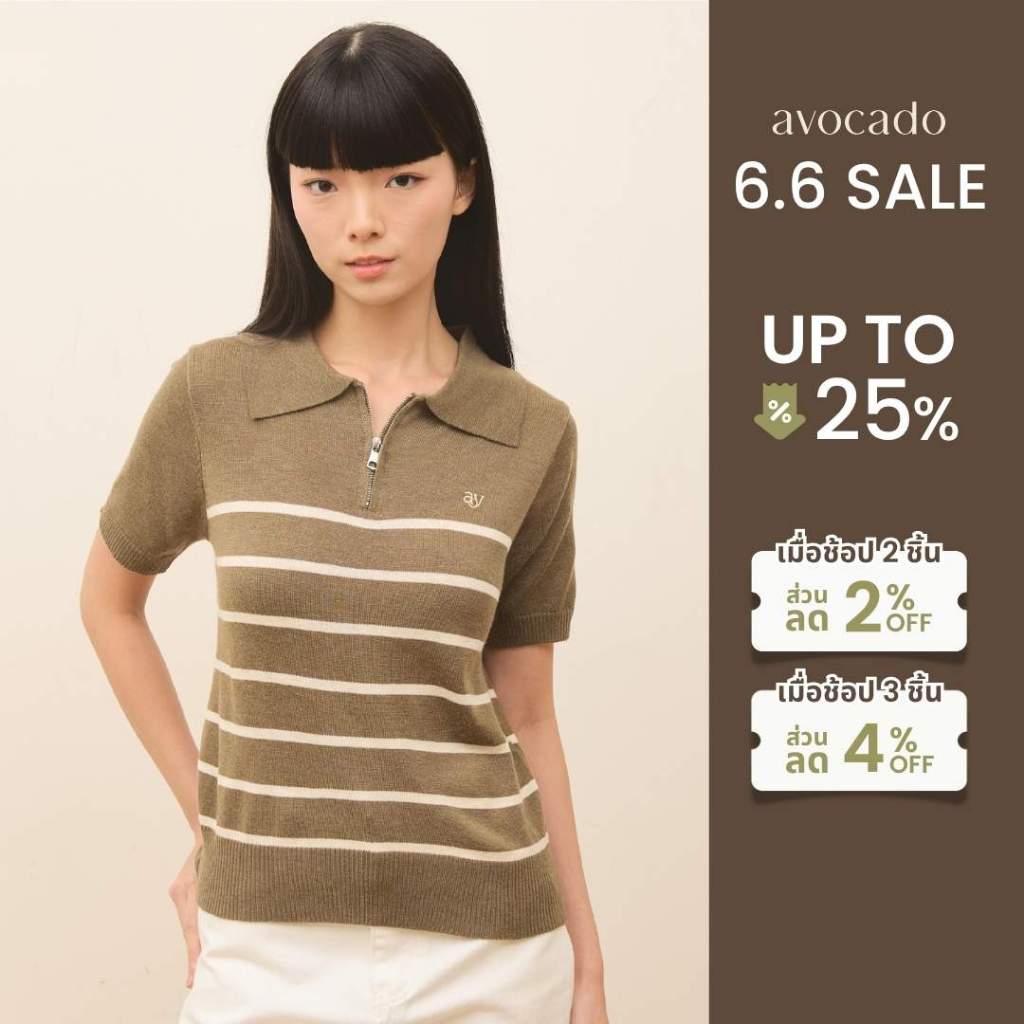 avocado - Tenya Line Tops เสื้อโปโลแขนสั้น ลายทางดีเทลซิปหน้า ผ้าใส่สบาย I มีไซส์อก 38" และ 46"