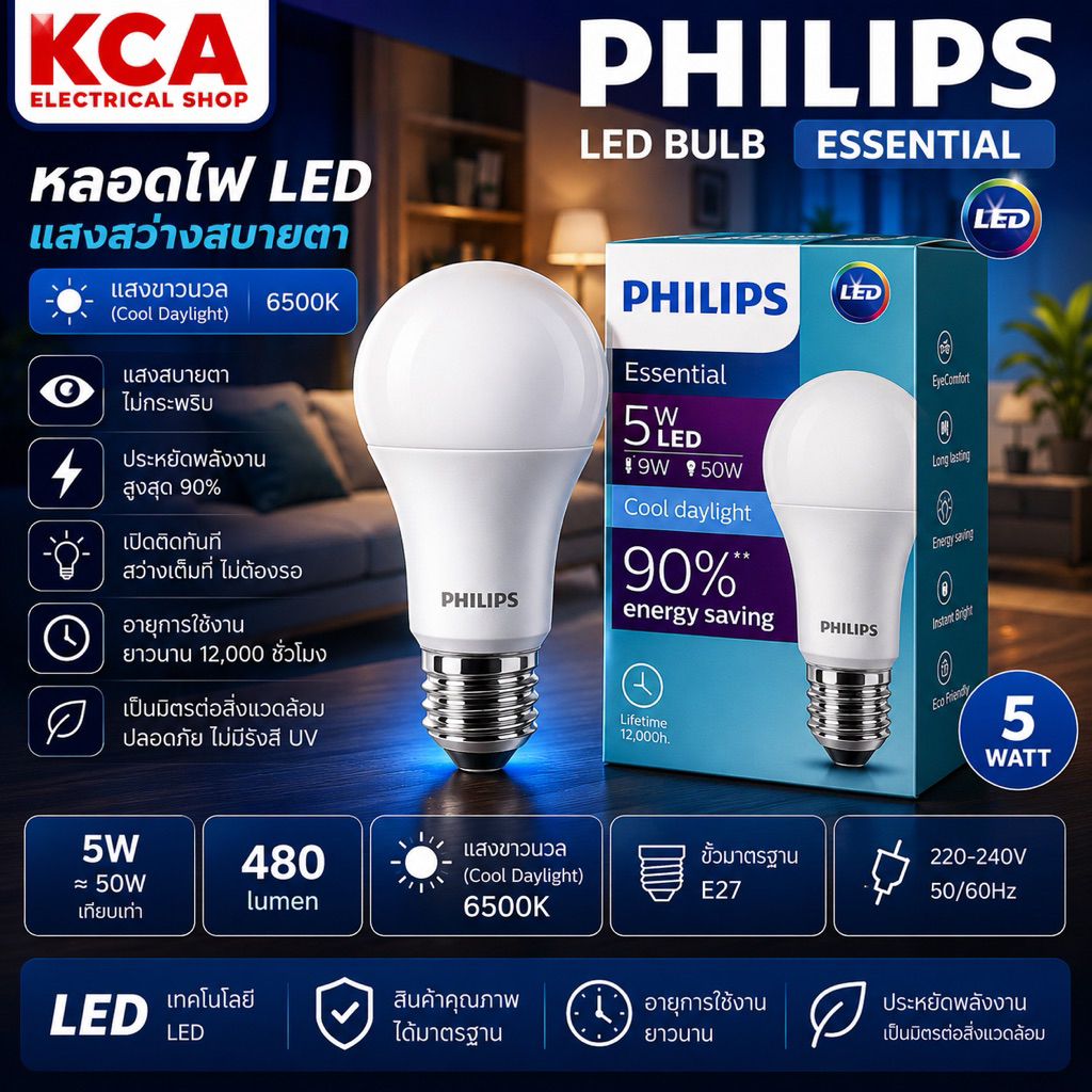 PHILIPS หลอดไฟ LED BULB 3W 5W 7W 9W 11W 12W 13W รุ่น ESSENTIAL MYCARE((กล่องยับไม่สวย))