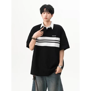 เสื้อโปโลผ้าฝ้ายแท้ ลายทางแถบตัดสีคอนทราสต์ ทรงหลวมสไตล์คาสชูอัล ผ้านุ่มอ่อนโยนต่อผิว ระบายอากาศดี