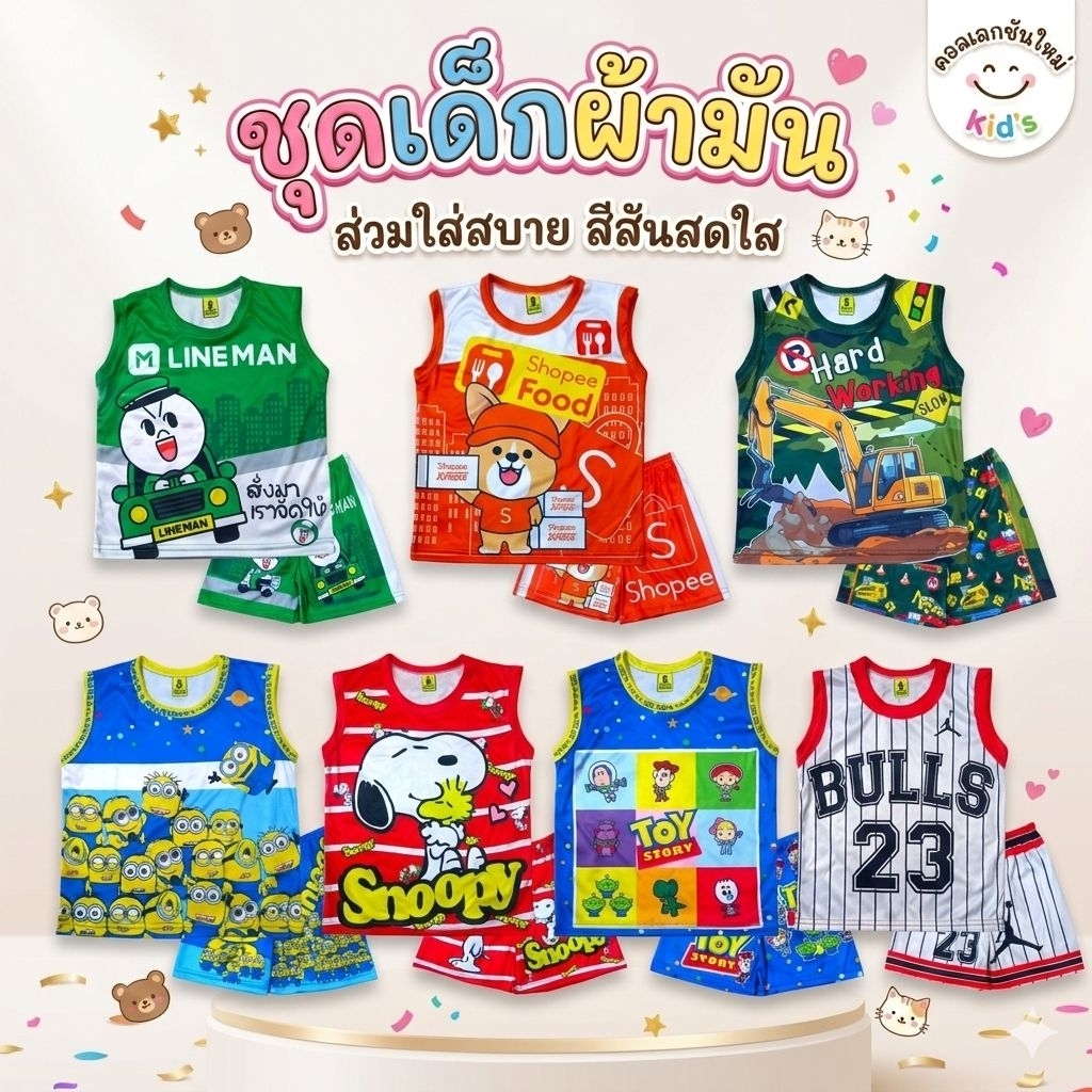 ชุดเซ็ตผ้ามันเด็กผู้ชาย แขนสั้น / แขนกุด ไซส์ S