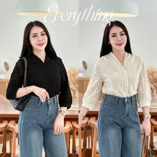 Everything2019 - เสื้อผู้หญิงคอวี ผ้าฉลุ แขน5ส่วน มีซับใน ใส่ไปวัดทำบุญสวยมาก (2012-1)