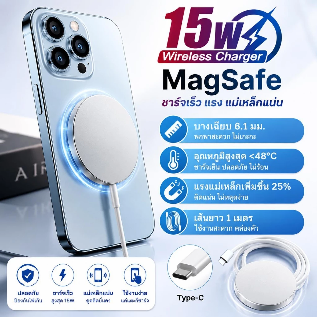 ที่ชาร์จไร้สายแม่เหล็ก 15W MagSafe ชาร์จเร็ว Wireless Charger Type-C รองรับ lP Android Qi Charger