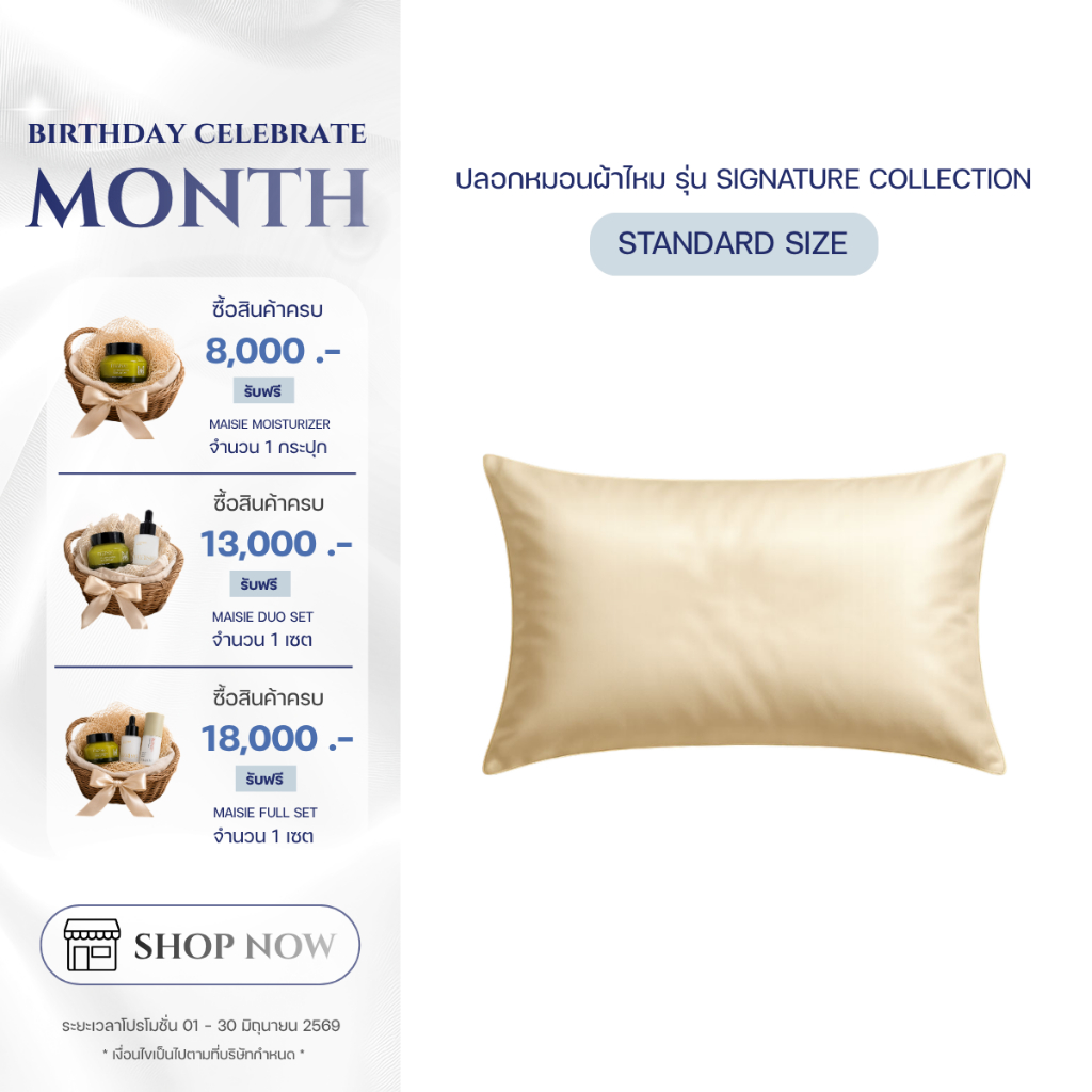 Saiyasiri ปลอกหมอนผ้าไหม ขนาด Body Size 1 ผืน ถักทอ 1,000 เส้นด้าย