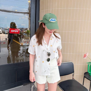 SUNFLOWER SHIRT เสื้อเชิ้ตผู้หญิงโอเวอร์ไซส์แขนสั้น ใส่เที่ยว ใส่ทำงาน ผ้าคอตตอน งานปักแน่นละเอียด ใส่สบาย