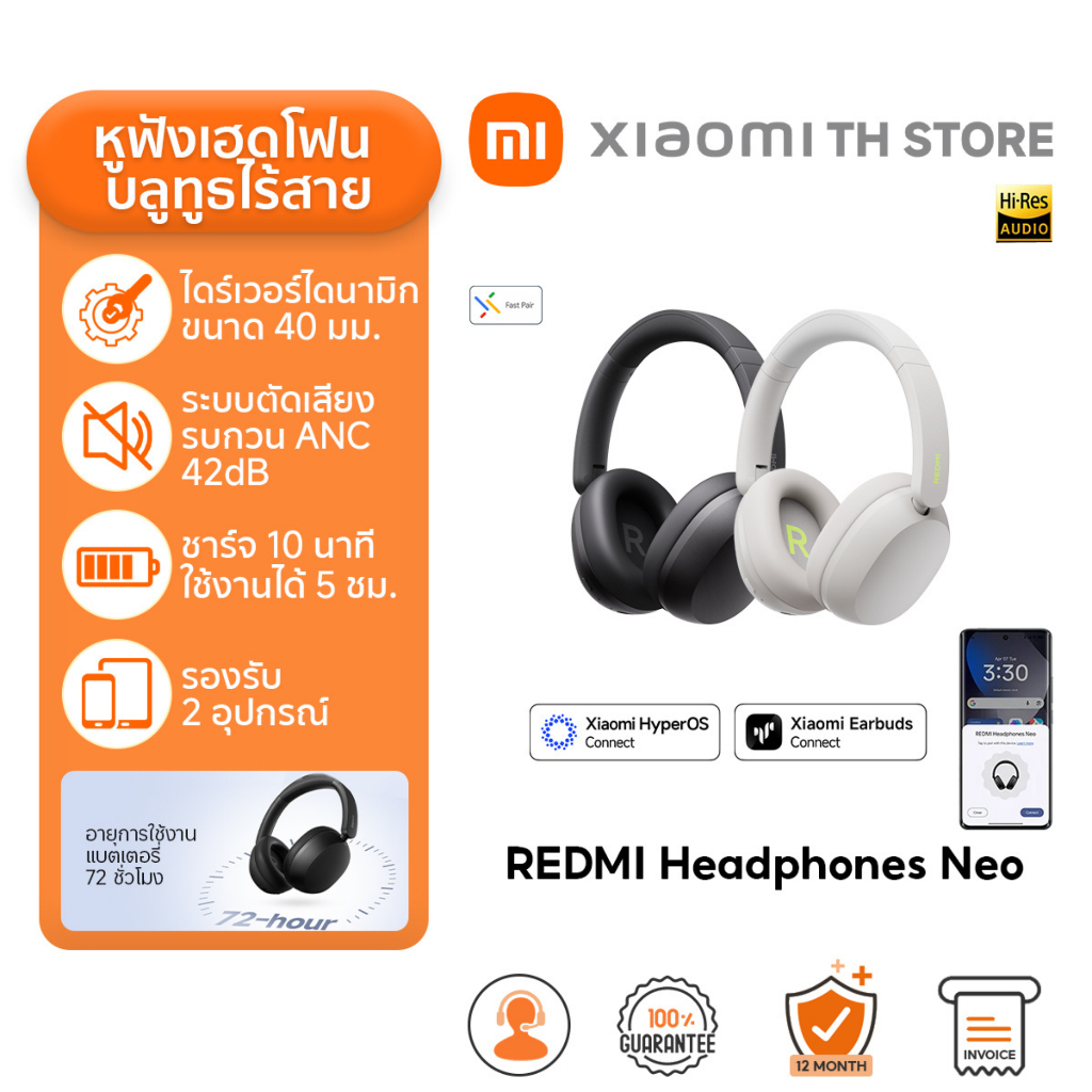 Xiaomi REDMI Headphones Neo หูฟังบลูทูธ I แบตเตอรี่ใช้งานได้นานสูงสุด 72 ชั่วโมง | ลดเสียงรบกวน AI I แถบคาดศีรษะปรับได้