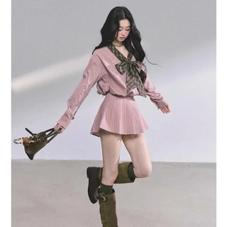 （จัดส่งภายใน24ชม）LUNA GIRL💥เดรสเชิ้ตลายทางสไตล์ฝรั่งเศส ดีไซน์ผูกโบว์ + กระโปรงเอวแคบ