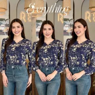 Everything2019 - เสื้อคอวีแต่งกระดุมปั๊ม แขนบอลลูนยาว ลายสวย สีชัด มีหลายไซส์ พร้อมส่ง (6288)