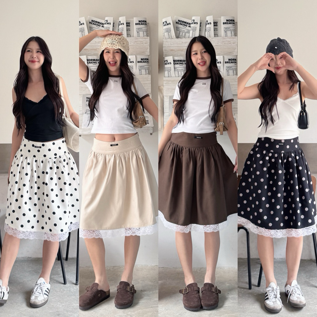 กระโปรงลายจุดแต่งปลายลูกไม้สุดคิ้ว ใส่แล้วได้ลุดหวาน สาวเกาหลีปนเท่🧸🐑🧶