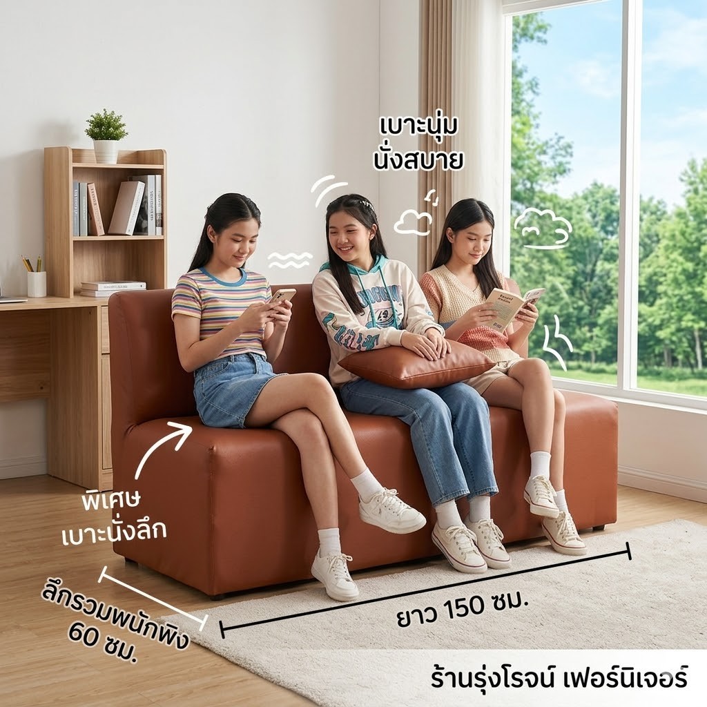 โซฟา 3-4 นั่ง มีพนักพิง ยาว150ซม. พิเศษลึก60ซม. เบาะนุ่ม นั่งสบาย