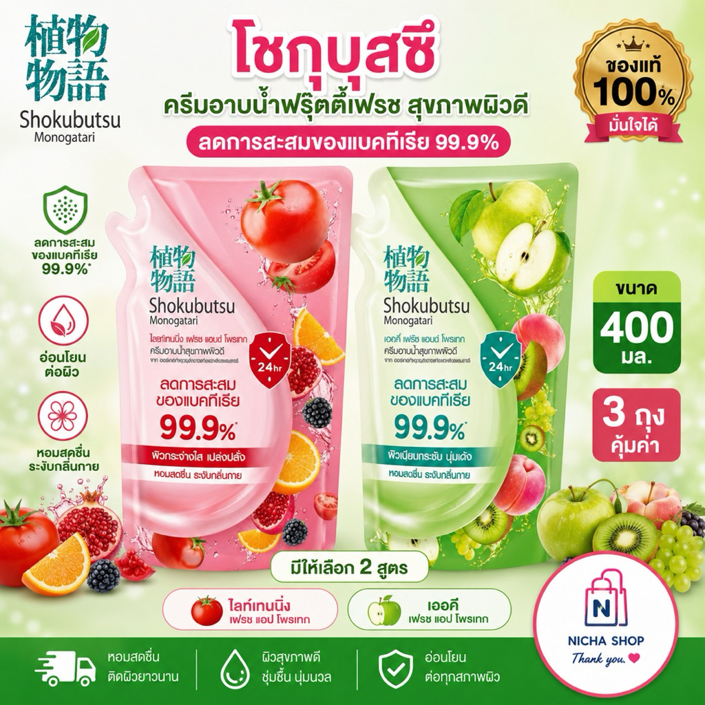 สูตรใหม่ โชกุบุสซึ ครีมอาบน้ำฟรุ๊ตตี้เฟรช สุขภาพผิวดี  ลดการสะสมของแบคทีเรีย 99.9%
