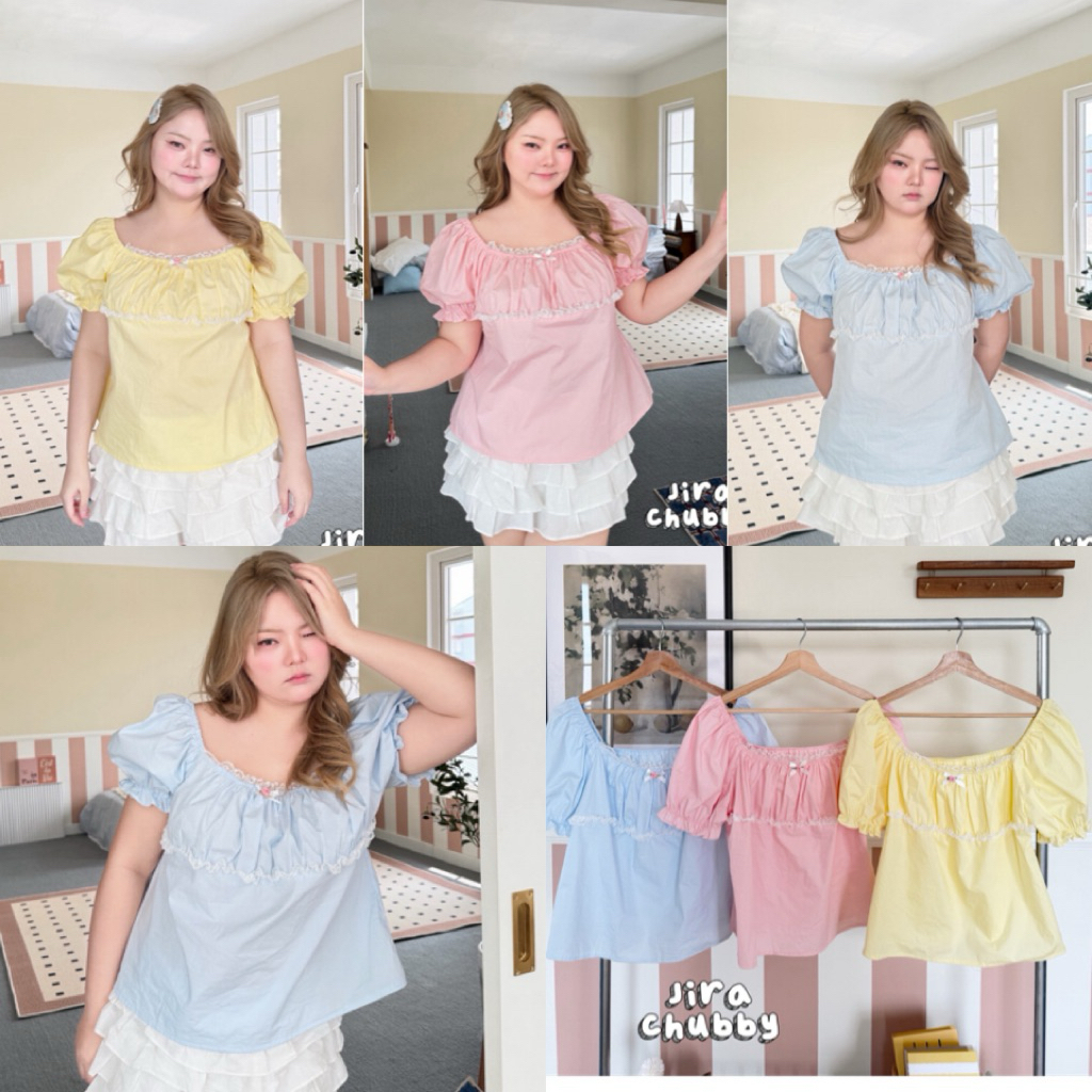 (🎀shopee video & liveมีส่วนลด+ส่งฟรี🎀) เสื้อสาวอวบอ้วนสก็อต แต่งลูกไม้จั้มเอว แต่งโบว์หนึ่งข้าง ตัวโบว์เป็นแบบผูก(38-50)