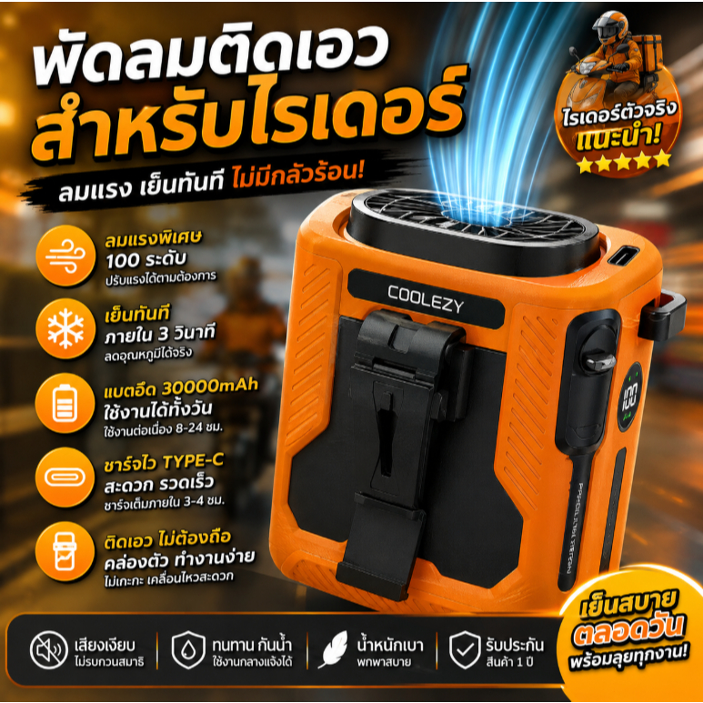 【จัดส่งทันที 2026】พัดลมคาดเอวพกพา 15000mAh แบตอึด ลมแรงปรับได้ หน้าจอLED ชาร์จType-C ใช้งานไร้มือ เย็นฉ่ำสำหรับกลางแจ้ง