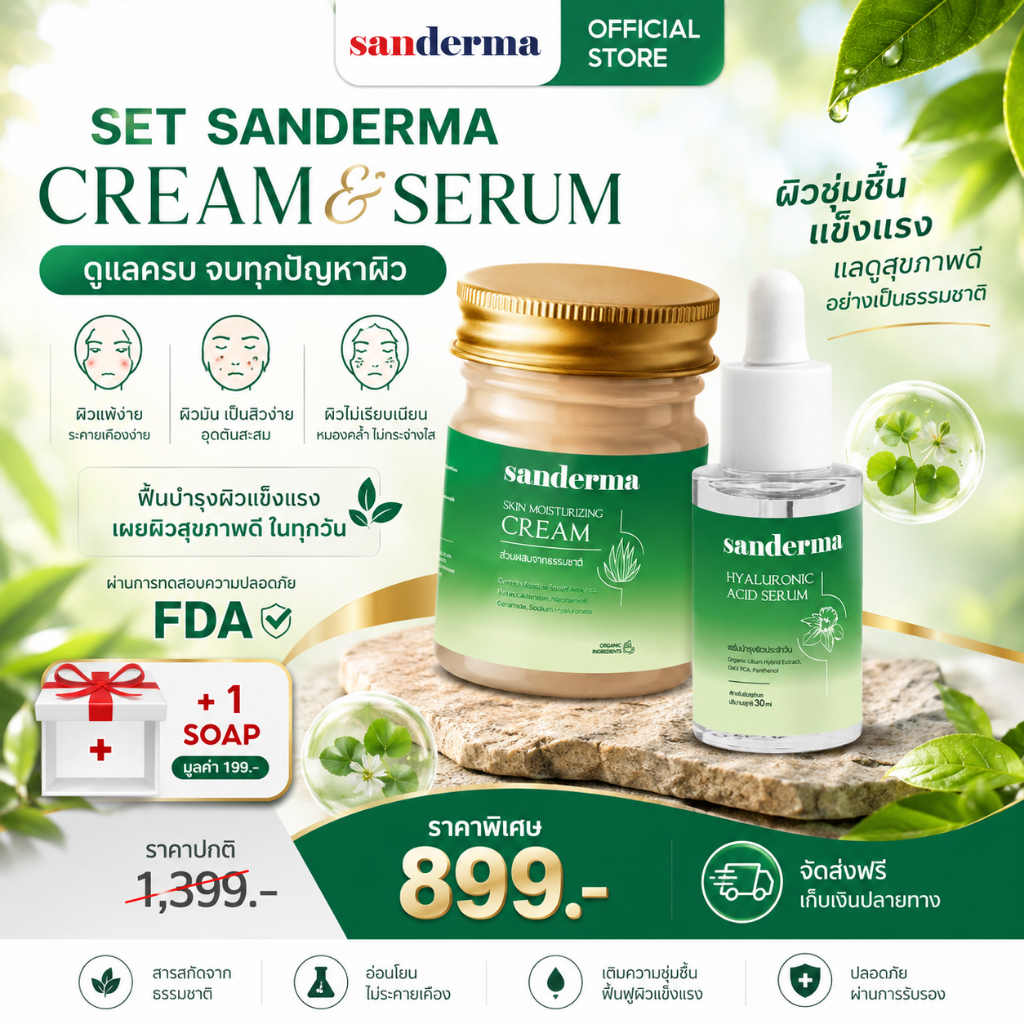 NEW SANDERMA เซรั่ม HA+ครีมบำรุงผิว ต้านอักเสบ ลดผื่นคัน กลาก ผิวแห้งแตก เสริมเกราะผิว ครบสูตร 30ml+50g