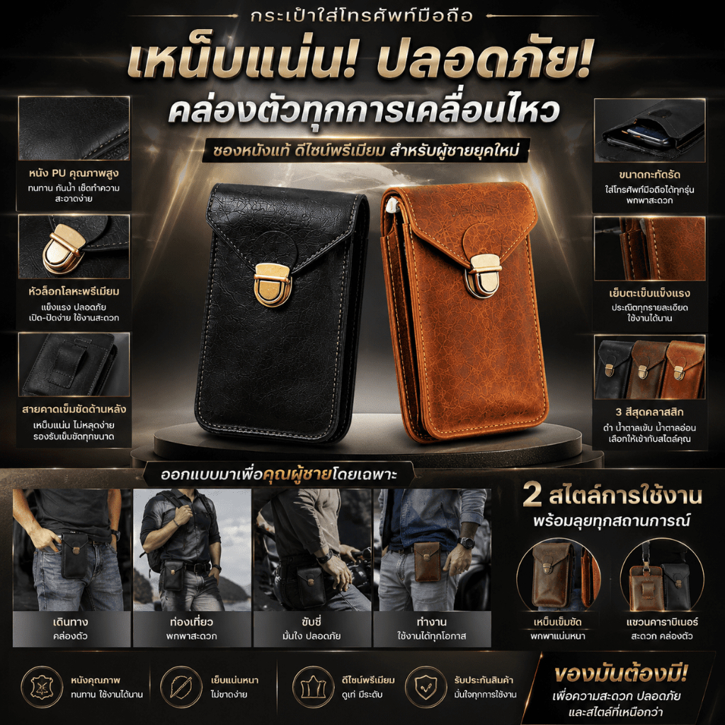 กระเป๋าใส่โทรศัพท์ผู้ชาย กระเป๋าเหน็บเอว ซองใส่มือถือคาดเอว ซองหนังใส่มือถือ ซองหนังใส่โทรศัพท์