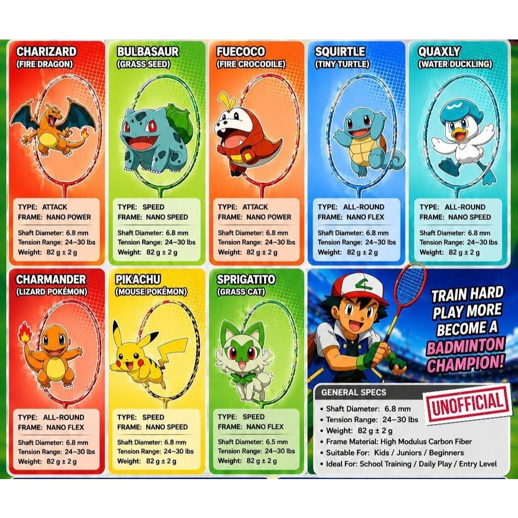 (พร้อมส่ง!!!)  ไม้แบดมินตัน VS x Pokémon Series 🟡(ลิขสิทธิ์แท้💯%) แถมเอ็น+ซอง