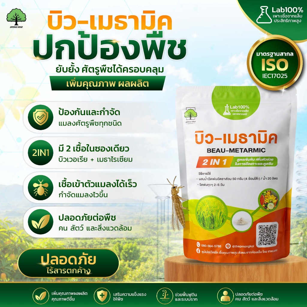 บิว-เมธามิค ตราเทพมงคล 1 ซอง ชนิดผงขนาด 500 กรัม บิวเวอร์เรียเมธาไรเซียม ป้องกันและกำจัดแมลงศัตรูพืช