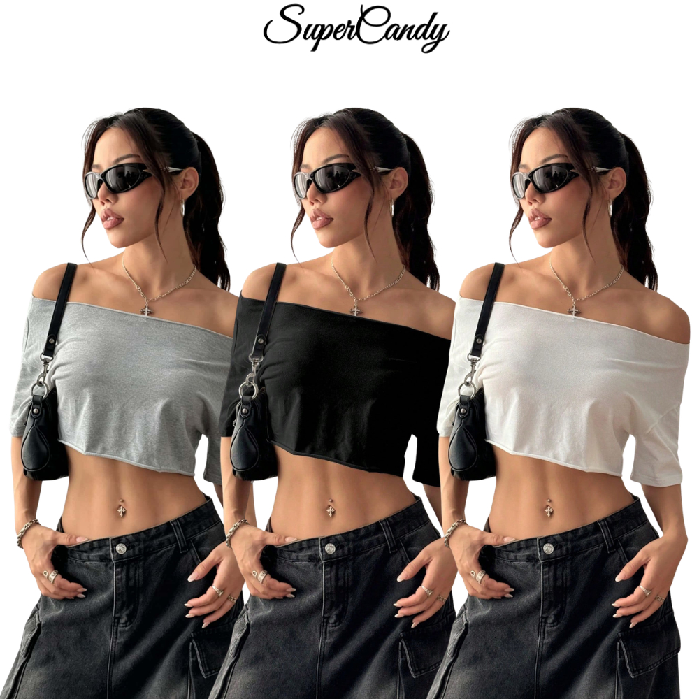 SuperCandy🌷เสื้อยืดเปิดไหล่ทรงหลวมสั้น กระชับสัดส่วนโชว์เอวสวยเซ็กซี่