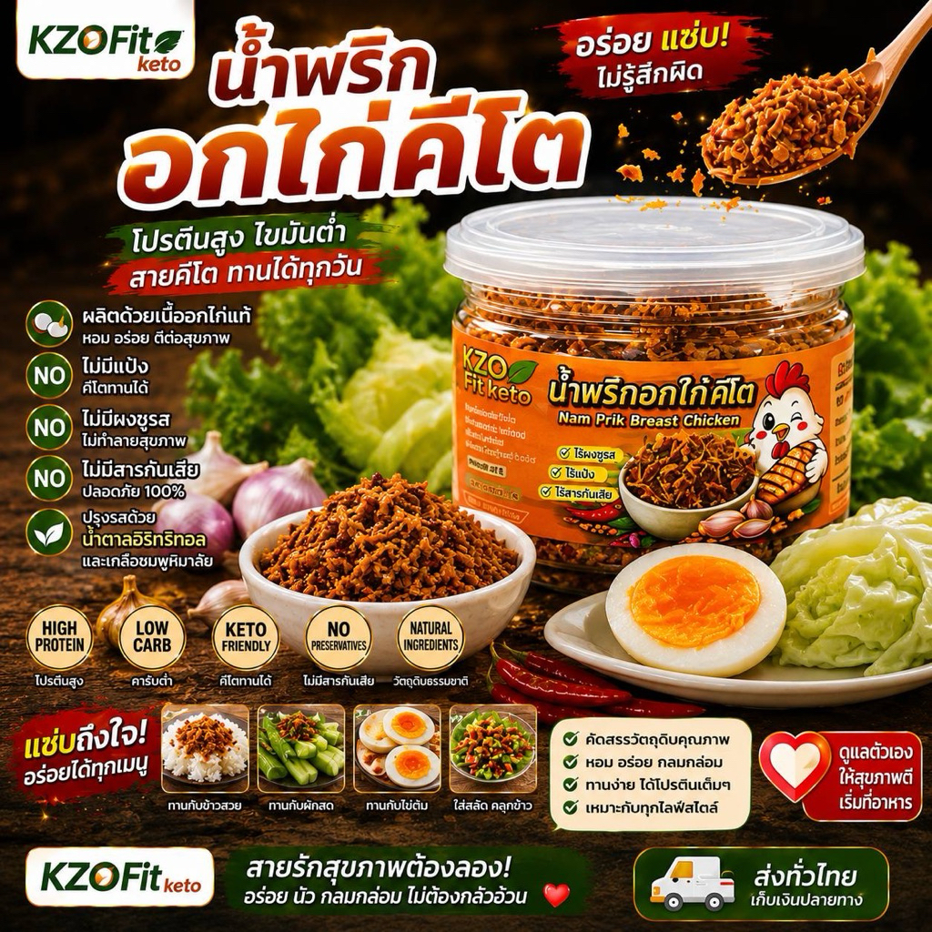 น้ำพริกอกไก่คีโต 🧡 ทำสด อบเอง เห็นเนื้อจริง ไม่ผงชูรส ไม่แป้ง ไม่กันเสีย
