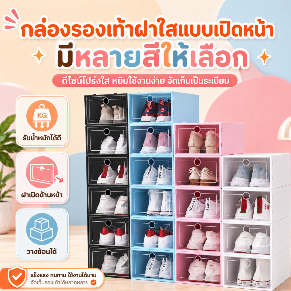 กล่องใส่รองเท้า กล่องเก็บรองเท้า กล่องเก็บรองเท้า ฝาหน้าเป็นพลาสติก กันน้ำ กันฝุ่น สามารถซ้อนกันได้หลายชั้น จัดส่งจากประ