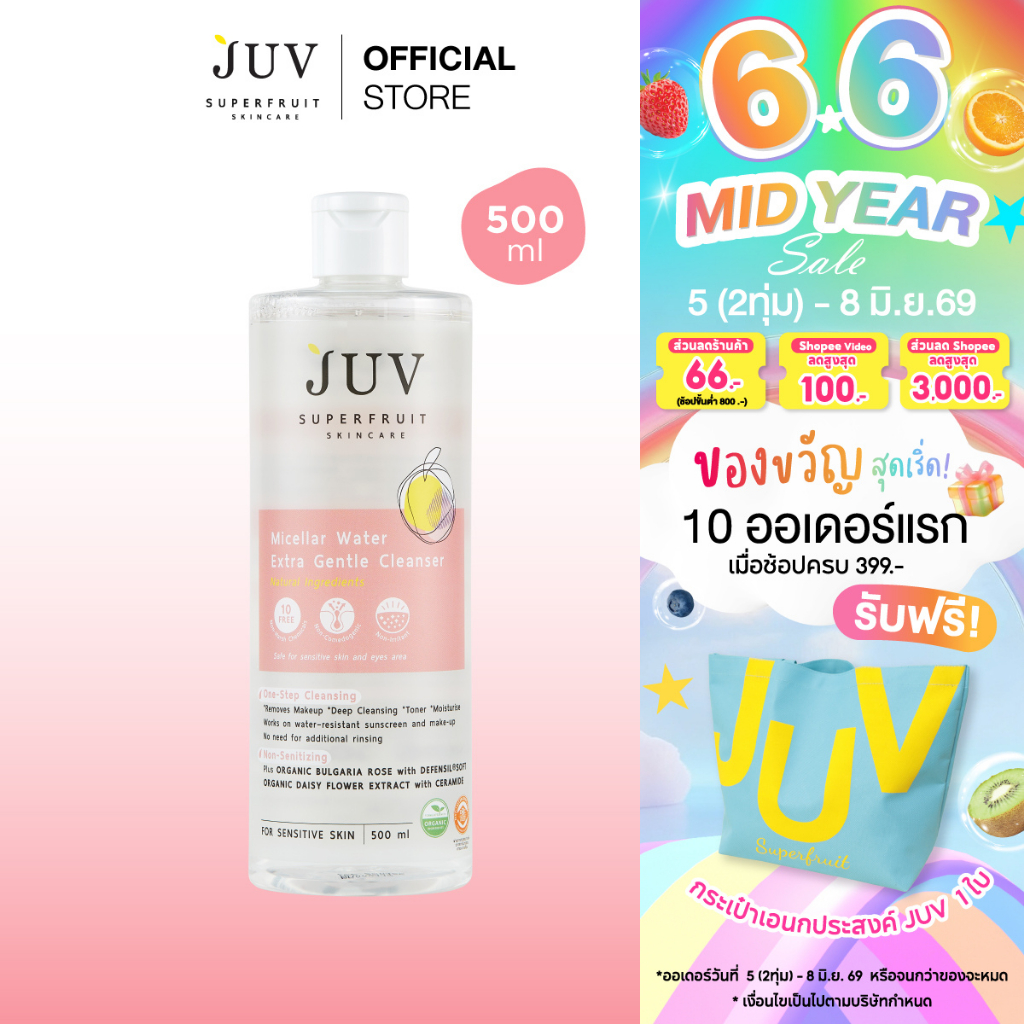 JUV Micellar Water Extra Gentle Cleanser 500 ml สำหรับผิวแพ้ง่าย ผิวบอบบาง