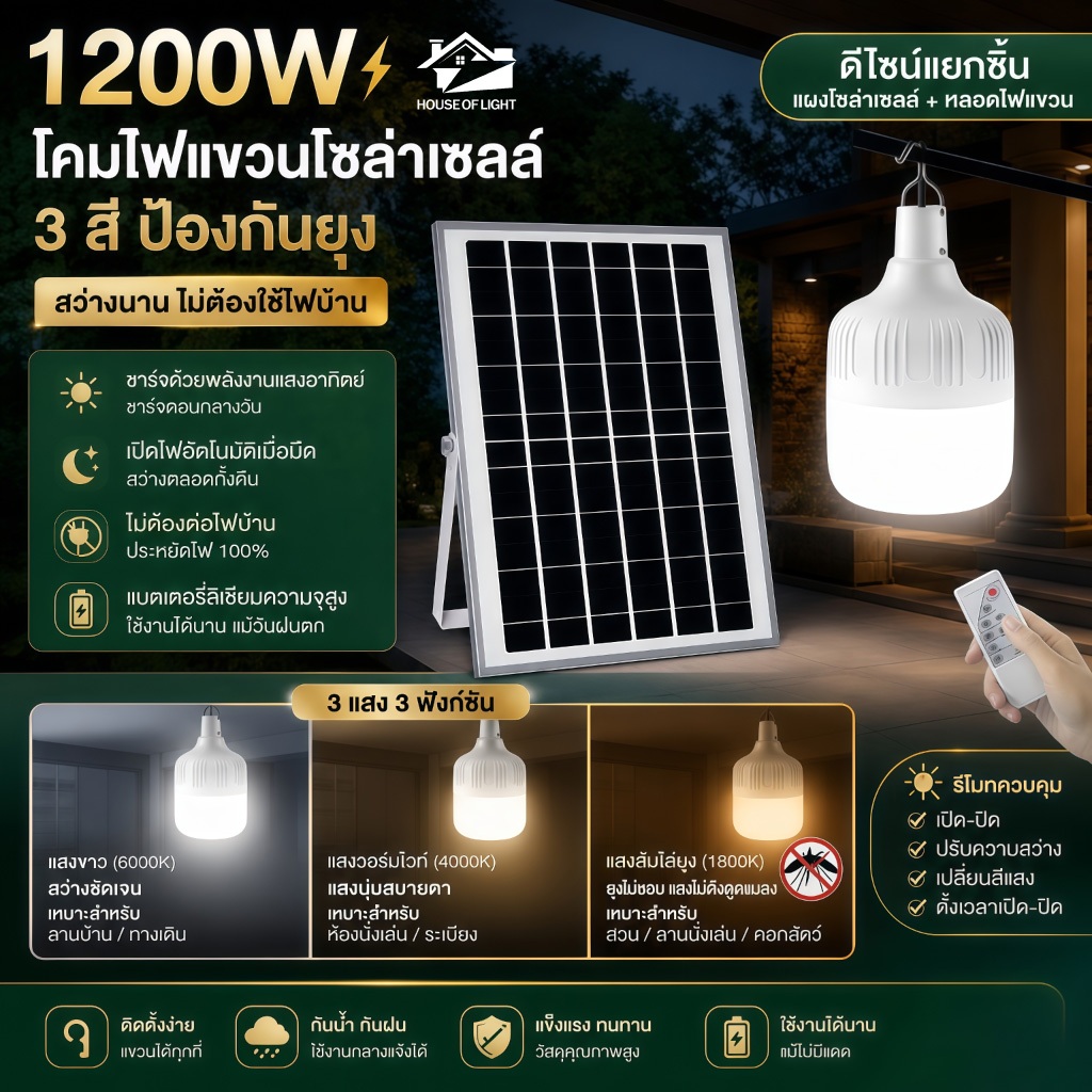 หลอดไฟโซล่าเซลล์ LED ไล่ยุง 3สี 100W 200W 300W ชาร์จ Solar+USB กันน้ำIP67 สาย5M สว่างนาน12ชม.