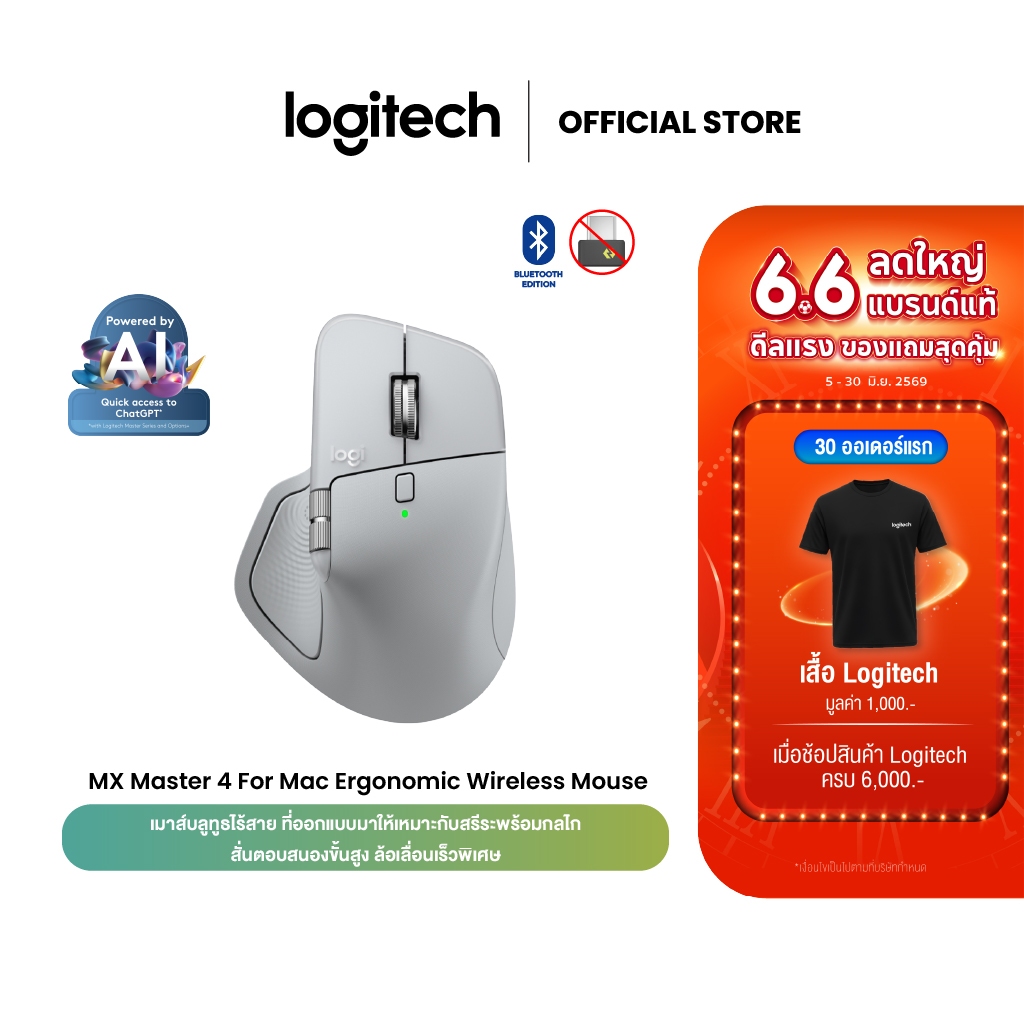 Logitech MX Master 4 For Mac Ergonomic Wireless Mouse เมาส์บลูทูธไร้สาย พร้อมกลไกสั่นตอบสนองขั้นสูง ล้อเลื่อนเร็วพิเศษ