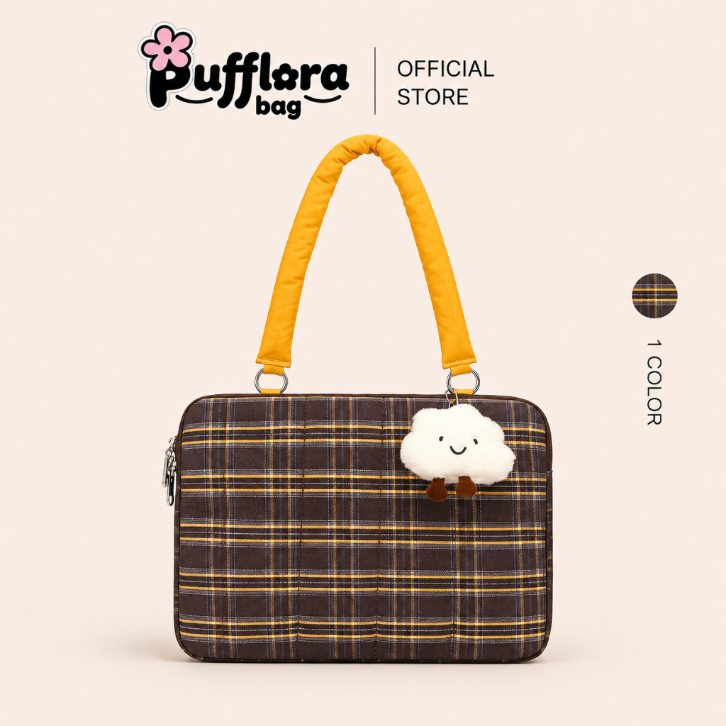 Pufflora กระเป๋าใส่โน้ตบุ๊ค กระเป๋าแล็ปท็อป กระเป๋าไอแพด รุ่น Cloudy Plaid กระเป๋าบุนวมกันกระแทก มาพร้อมพวงกุญแจน่ารัก