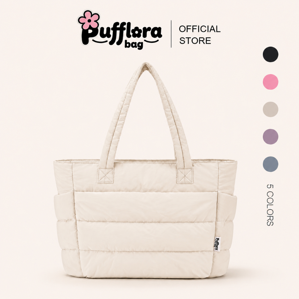 Pufflora กระเป๋าสะพายข้าง กระเป๋าถือ กระเป๋าโน้ตบุ๊ค รุ่น Signature Puffer ใบใหญ่ ช่องเก็บของหลายช่อง ใส่Laptop/iPadได้