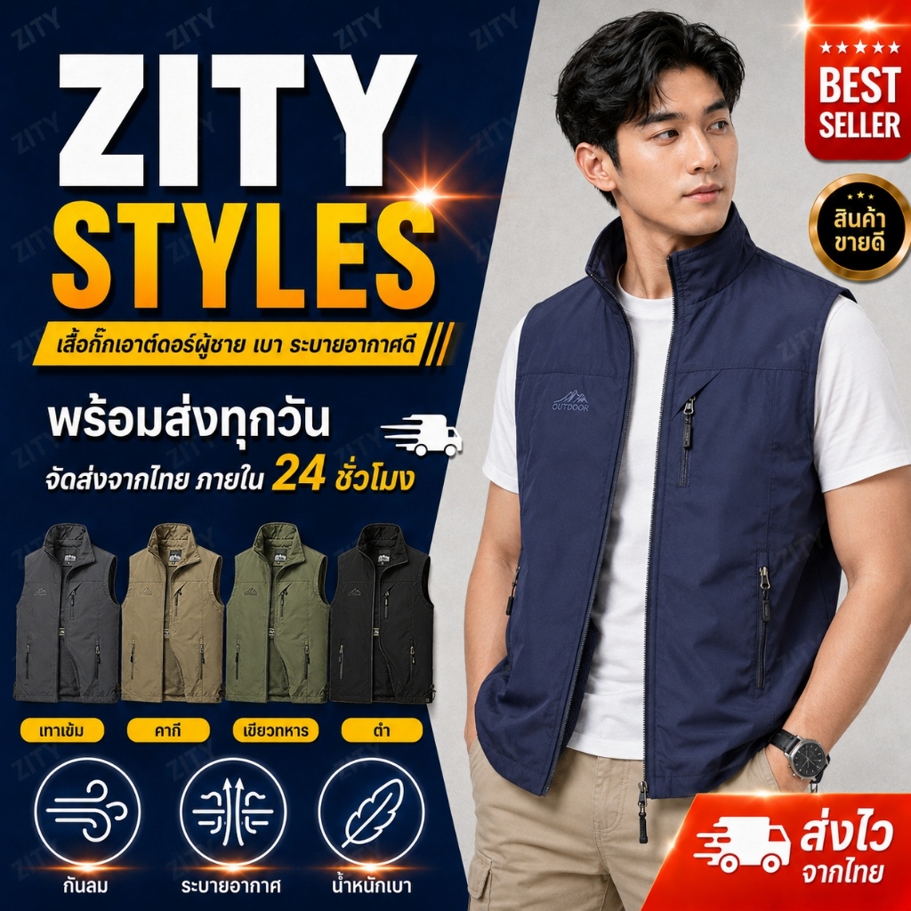 ZITY เสื้อกั๊กผู้ชายเอาท์ดอร์ กันลมกันน้ำ แห้งไว น้ำหนักเบา เสื้อกั๊กเดินป่า แคมป์ปิ้ง ไซส์ใหญ่