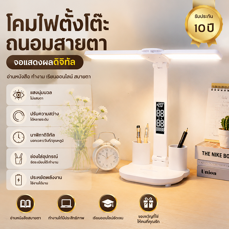 โคมไฟอ่านหนังสือไร้แสงสีน้ำเงิน ปรับ3เฉดสีแสง มีนาฬิกาแสดงอุณหภูมิ เสียบปลั๊ก ไฟตั้งโต๊ะ LED