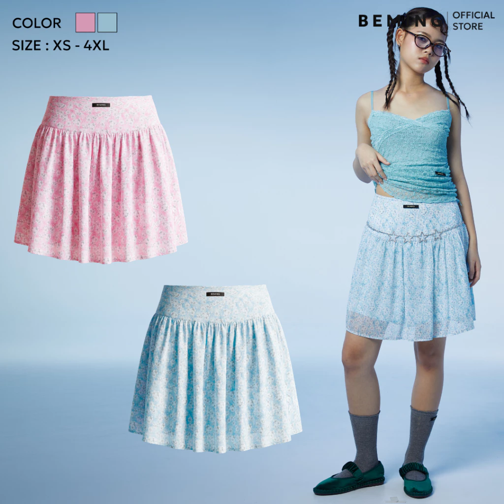 Bemingskirt096(XS-4XL)-Bloomie Skirt - กระโปรงผ้าชีฟองลายดอกเล็กๆเอวดีไซน์เข้ารูปก่อนปล่อยพลิ้ว